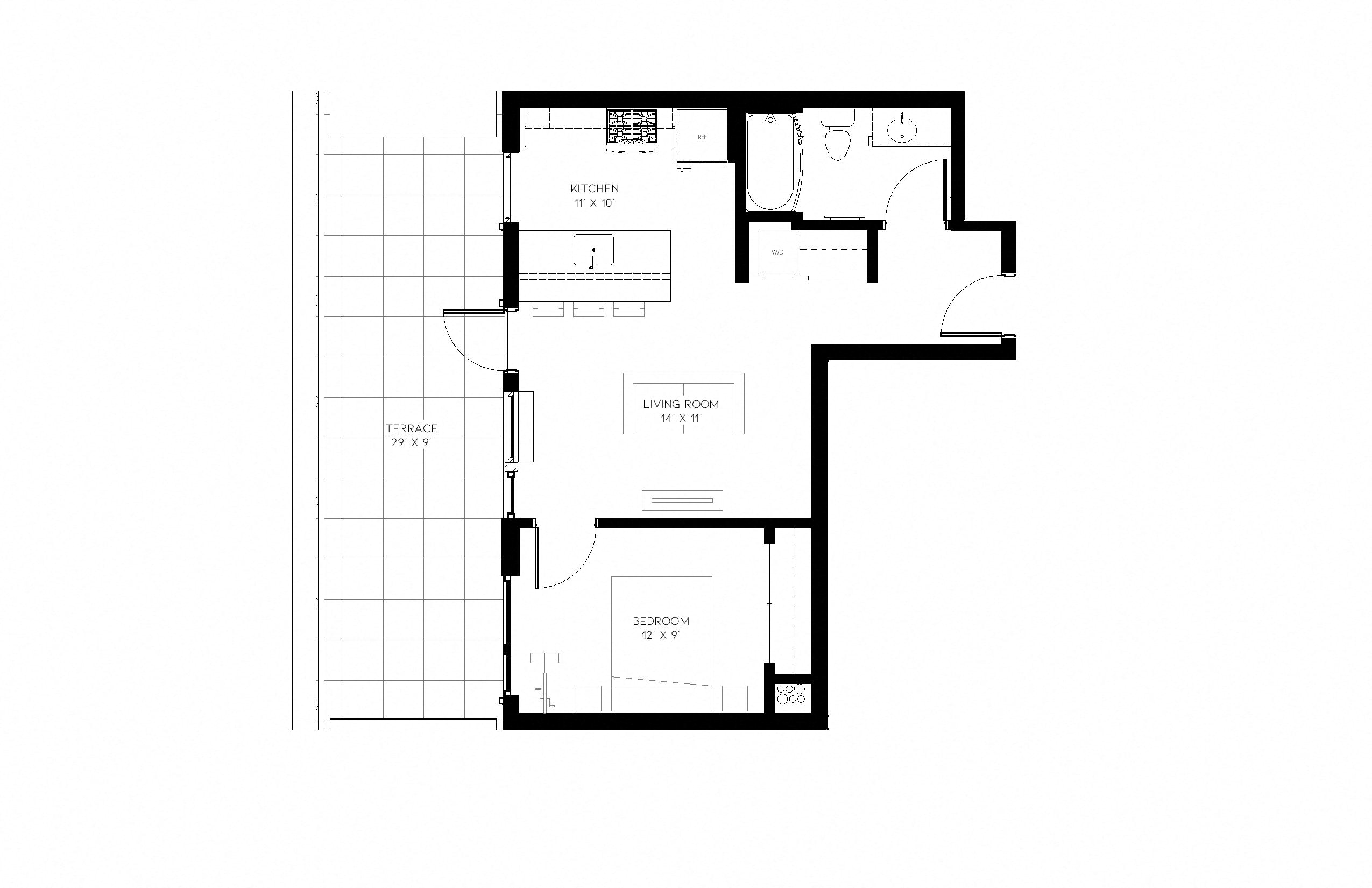 Floor plan for 1 bed, 1 bath, 597 sqft